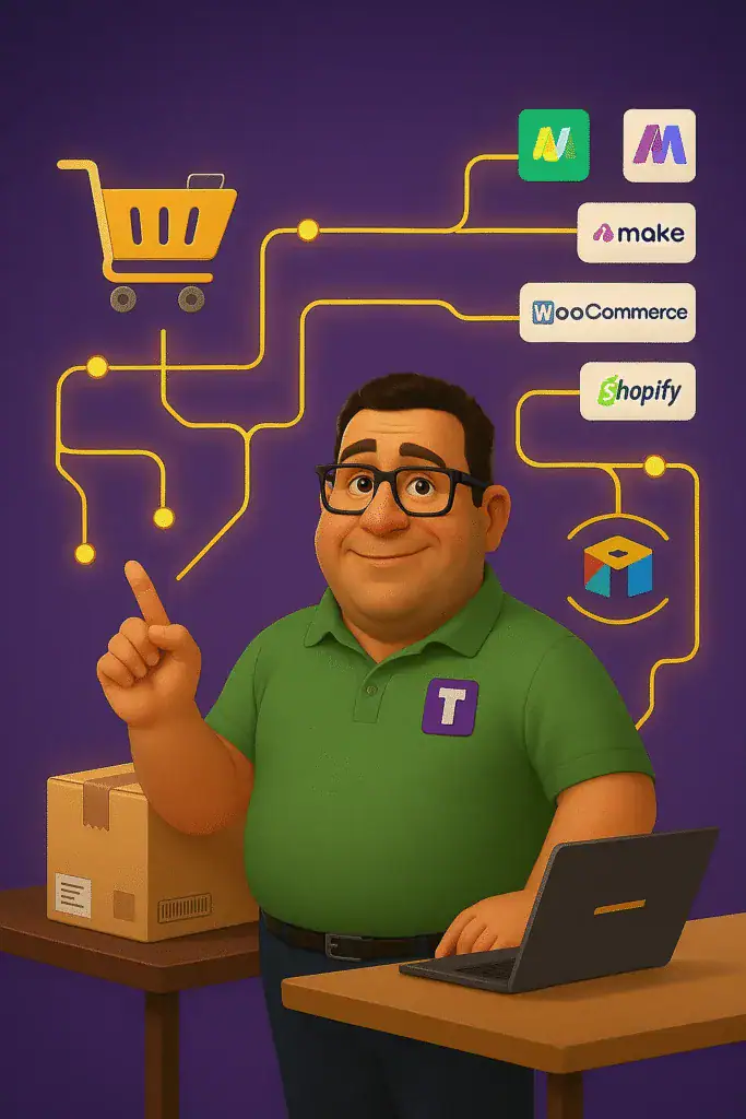 איור דיגיטלי של הדמות בלב משרד מודרני, מצביע על תרשים זרימה הממחיש תהליך אוטומציה לאיקומרס: נטישת עגלה → וואטסאפ אישי, לקוח חדש → תיוג לפי מקור → קופון מותאם. מופיעים לוגואים של WooCommerce, Shopify, Wix ו־Priority, לצד נתון הצלחה של עלייה במכירות ב־27%.