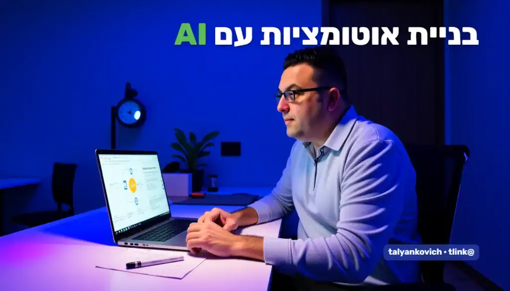 בעל עסק מתאר תהליך עבודה למערכת AI ולצידו תרשים אוטומציה