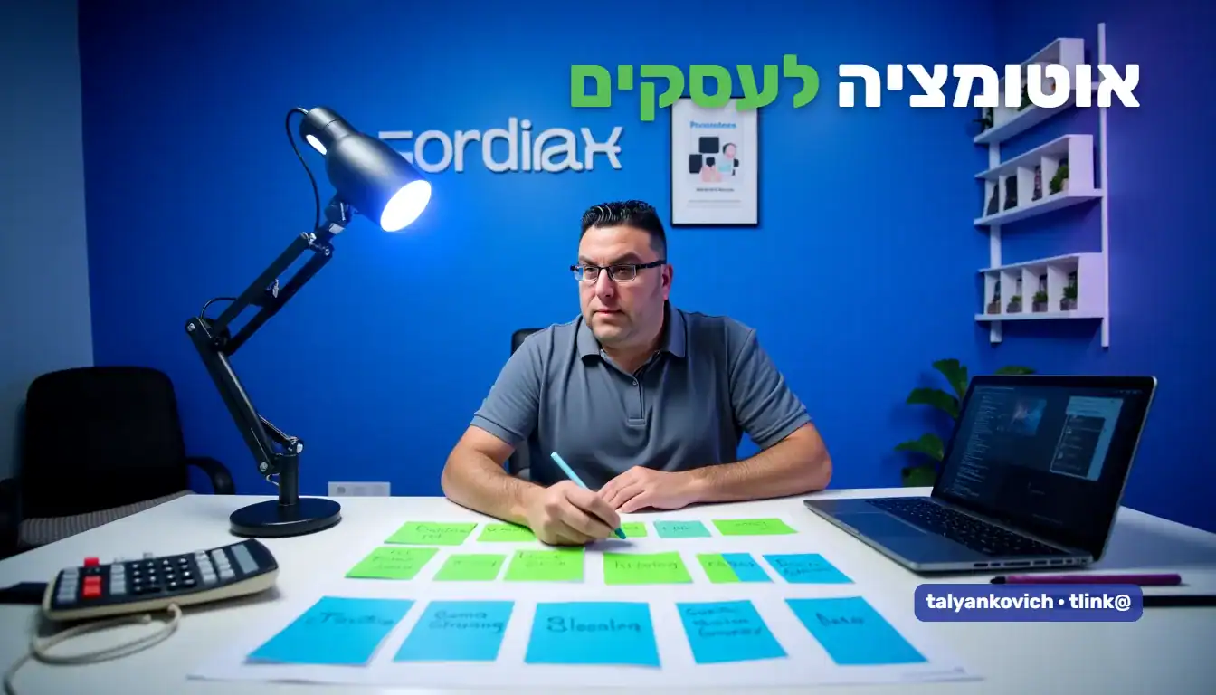 בעל עסק ממפה תהליך עבודה ליד מחשב ודפי עבודה