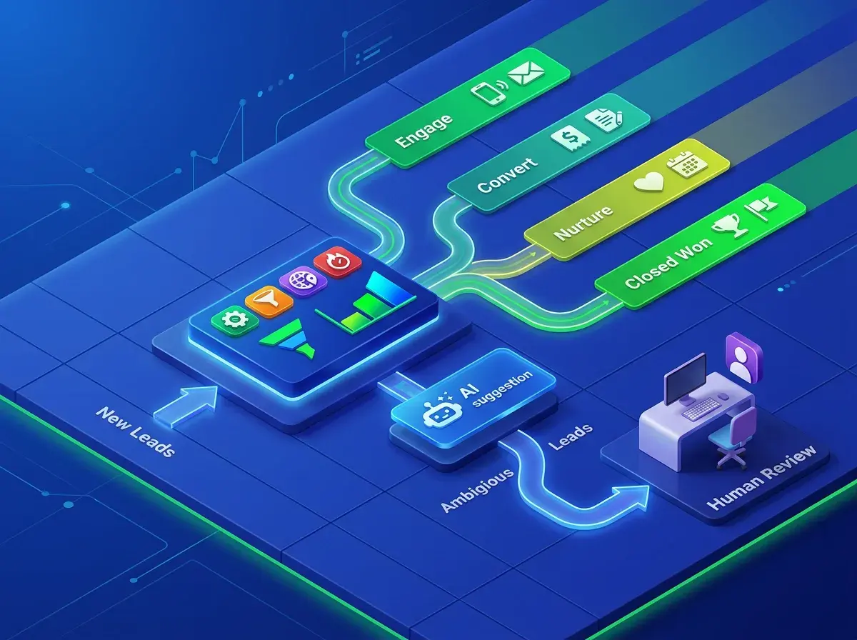 מסך CRM עם תגיות לידים, הקצאת נציגים והתראות על זמני תגובה
